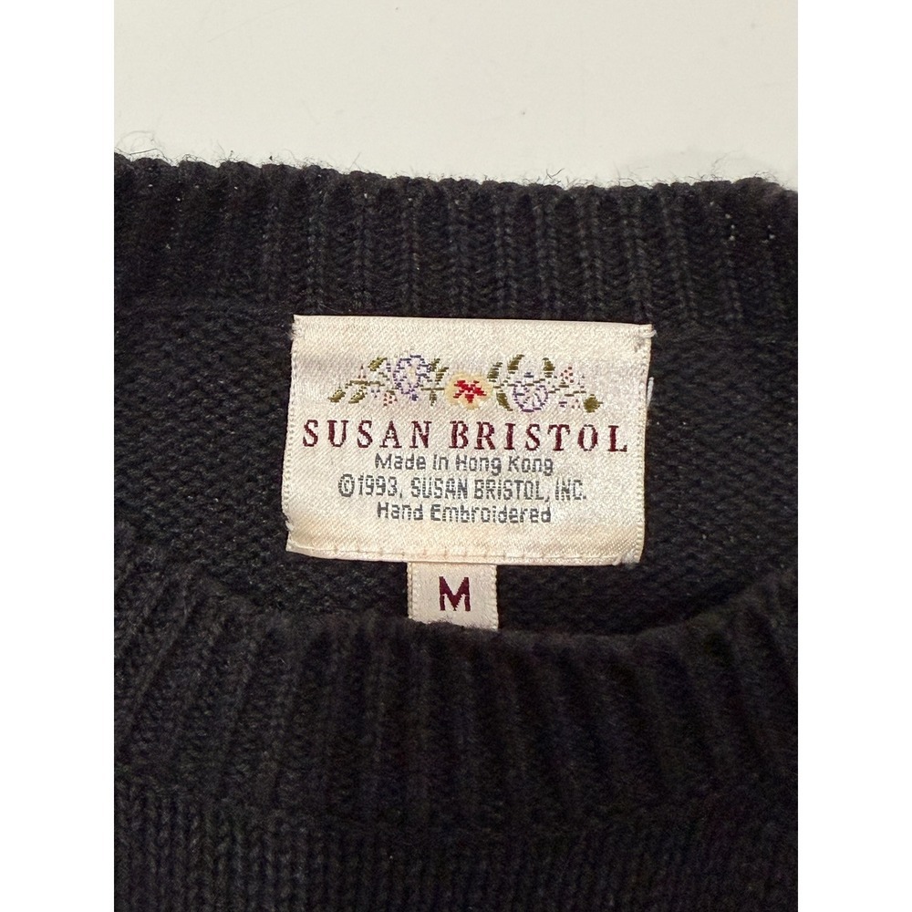 Vintage Susan Bristol 1993 Teddy Bear Patchwork Sweater Black Ramie Cotton Med - Picture 4 of 5